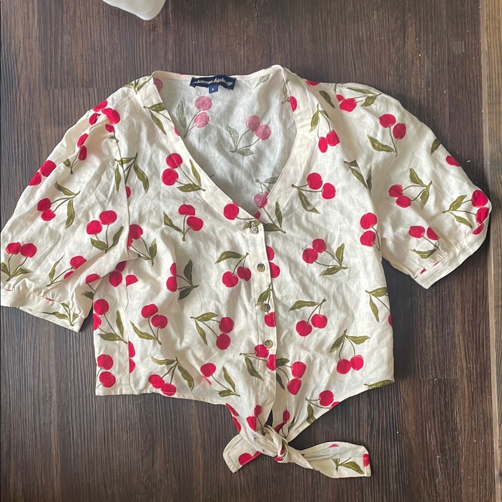 Cherry Print Off-White Tie Crop Blouse